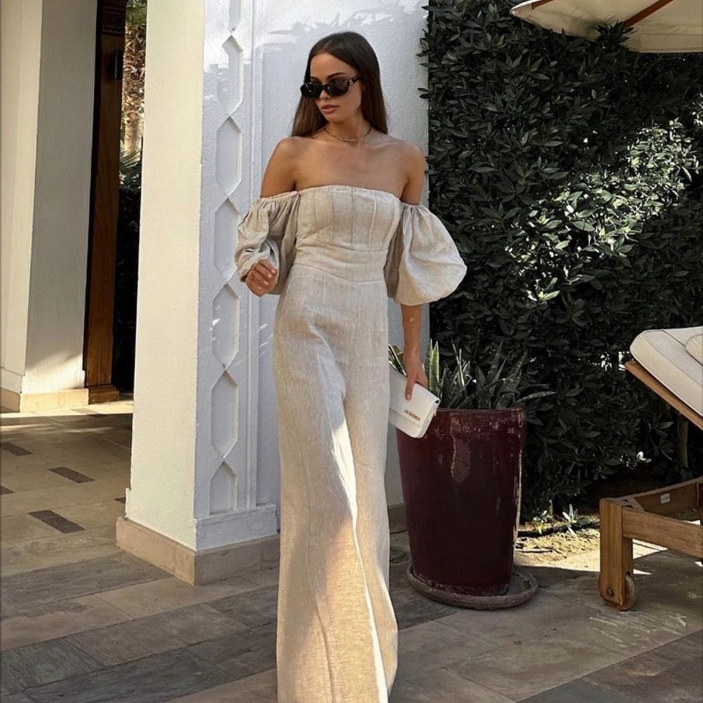 Linen puff sleeve Elegant Cream Off-Shoulder Jumpsuit